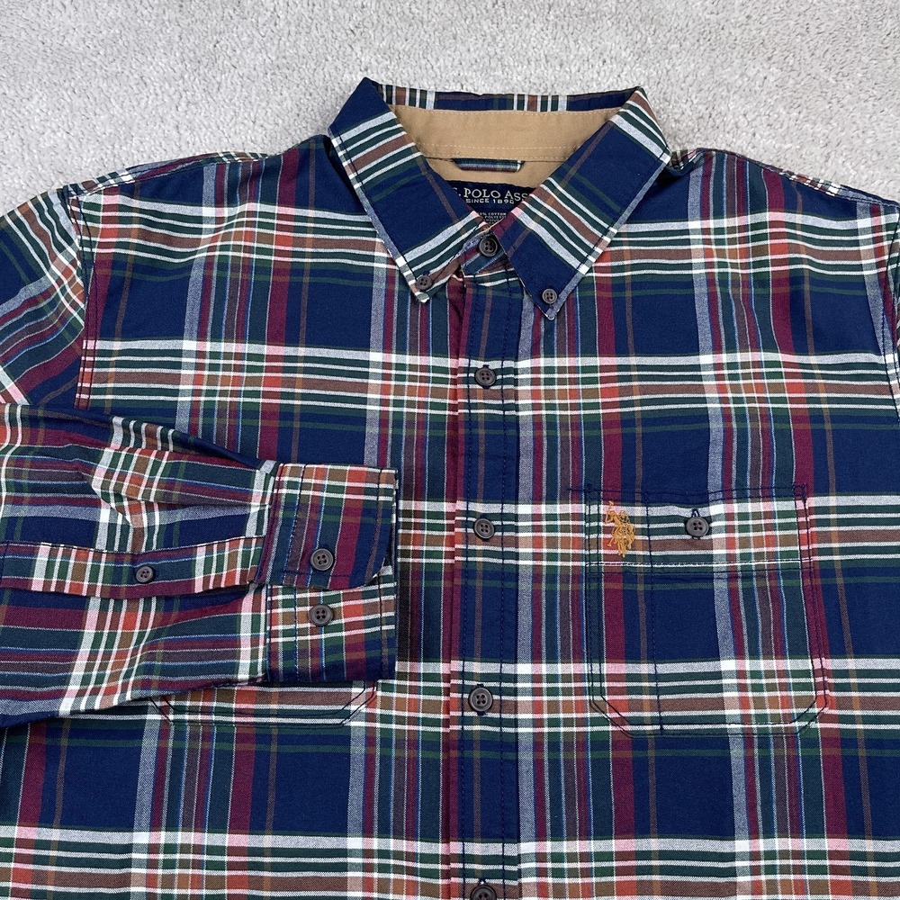 US Polo Assn Shirt Mens Large Blue Plaid Oxford Cloth Button Down Business